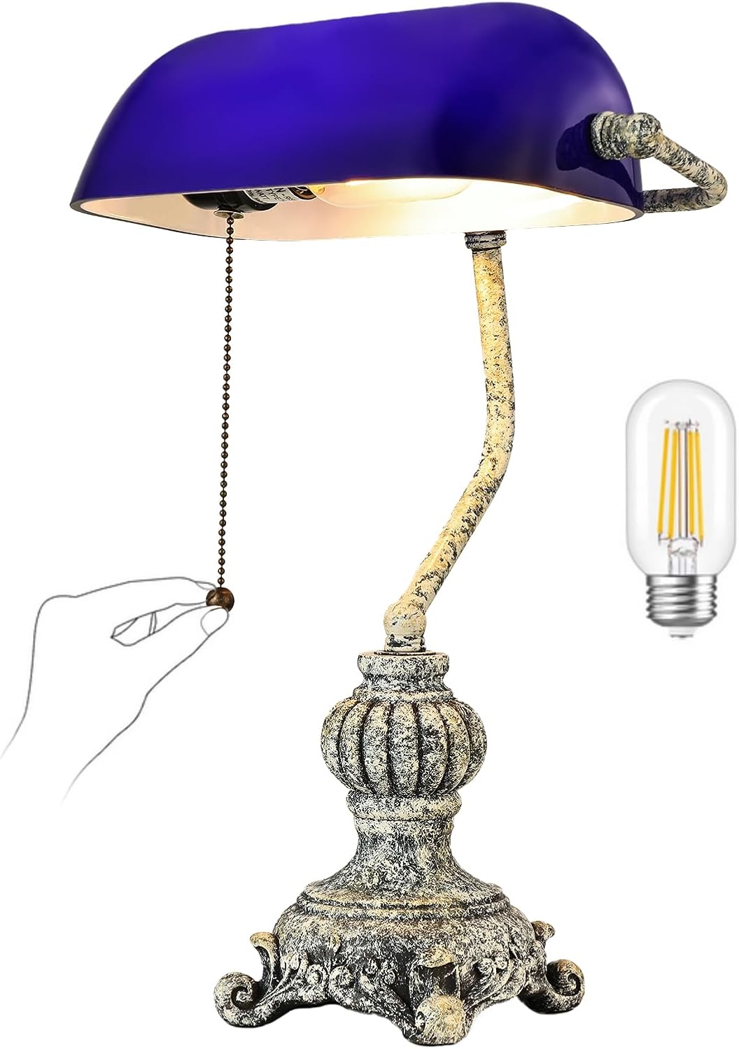 Retro blue glass desk lamp with an ornate base and pull chain switch, perfect for vintage decor.