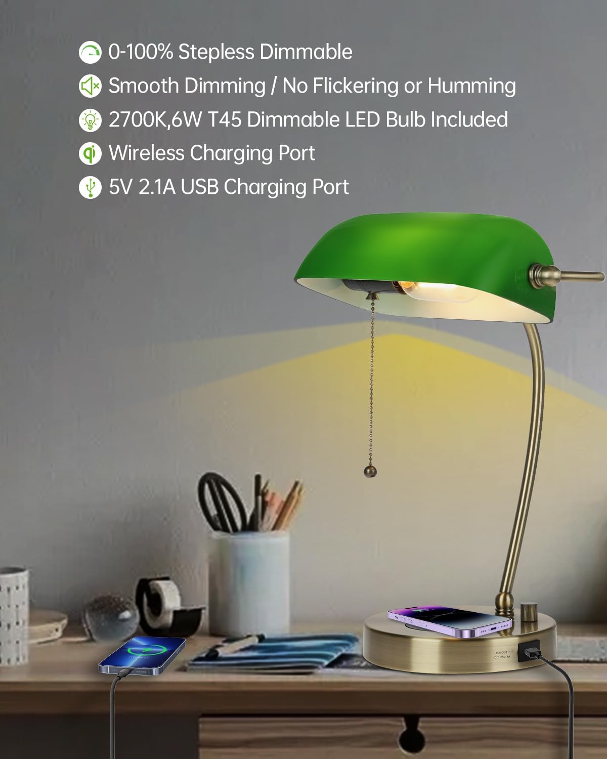 Newrays Green Glass Bankers Desk Lamp with Wireless Charger, USB Charging Port for Home Office,Stepless Dimmable Table Lamp Plug in Fixture,LED Bulb Included