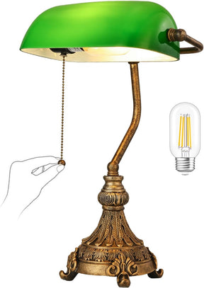 Vintage green glass bankers desk lamp with a decorative base and LED bulb included.