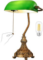 Vintage green glass bankers desk lamp with a decorative base and LED bulb included.