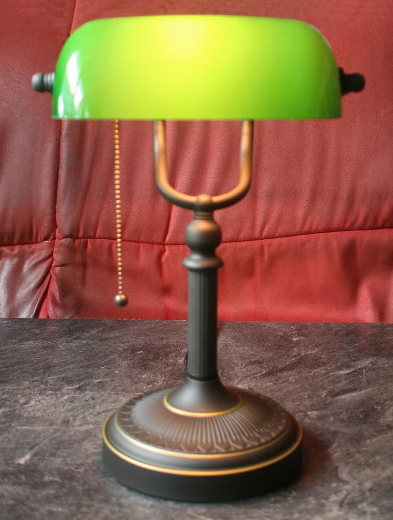 Antique Green Glass Banker Desk Lamp with Pull Chain Switch Plug in