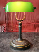 Antique Green Glass Banker Desk Lamp with Pull Chain Switch Plug in