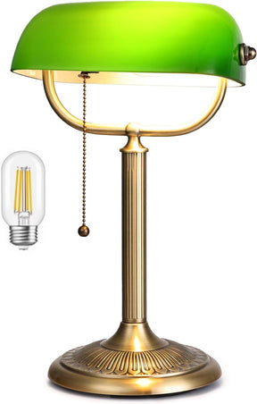Classic green glass bankers desk lamp with a pull chain, featuring an elegant brass base and shade.