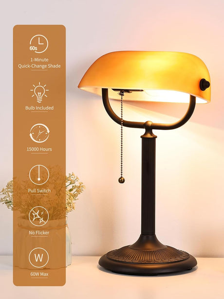 Newrays 1-Minute Quick-Change Shade bankers desk lamp with amber glass shade and pull switch.