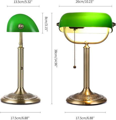 Classic green glass bankers desk lamp with brass base, showcasing elegant design and quick-change shade features.