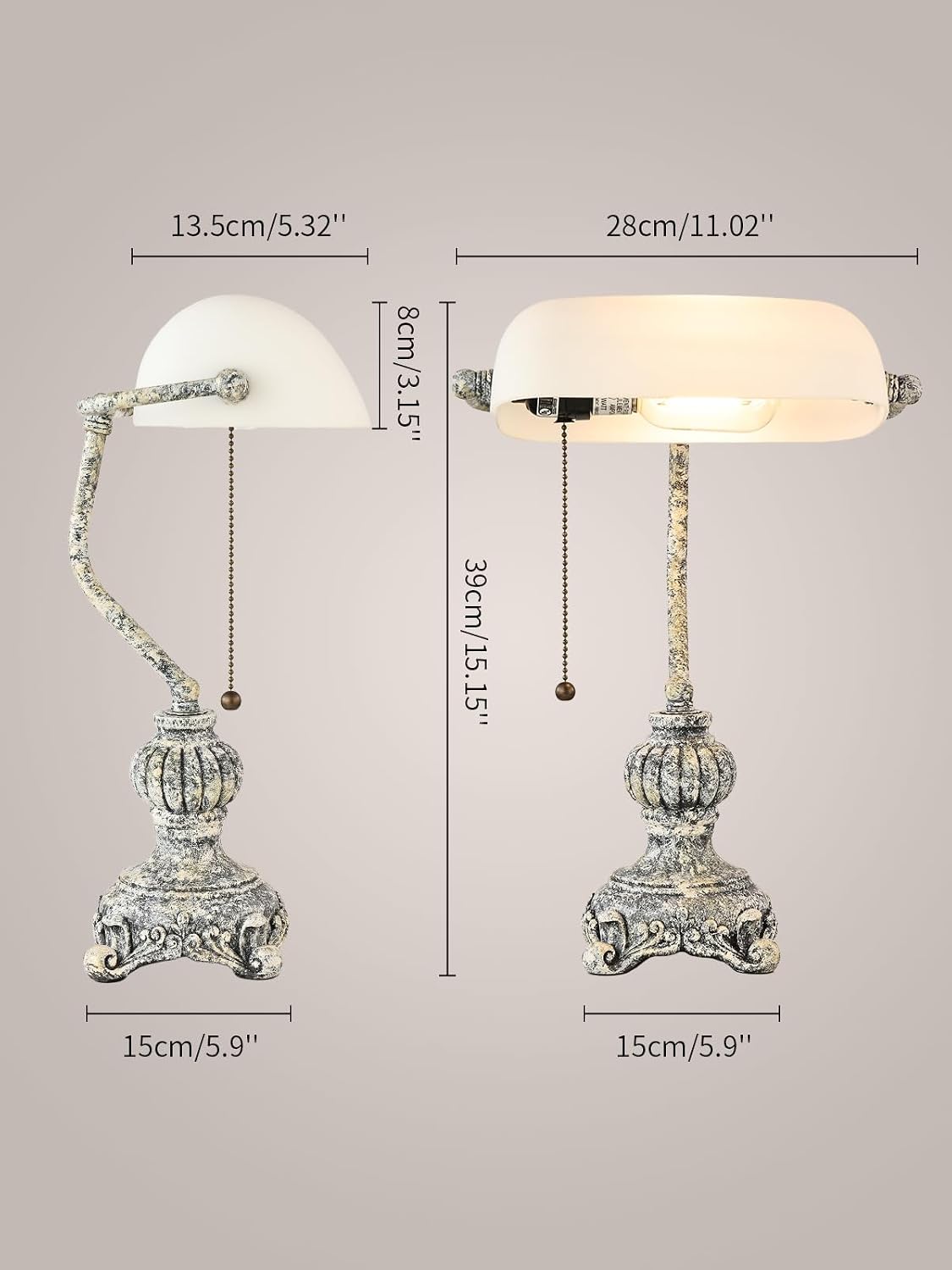 Newrays retro glass bankers desk lamp with ornate base and adjustable arm dimensions 39cm and 28cm.