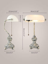 Newrays retro glass bankers desk lamp with ornate base and adjustable arm dimensions 39cm and 28cm.