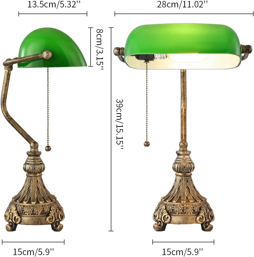 Newrays Vintage Green Glass Bankers Desk Lamp with LED bulb, elegant design and detailed base.