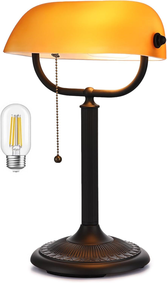 Newrays 1-Minute Quick-Change Shade bankers desk lamp with amber glass shade and pull chain.