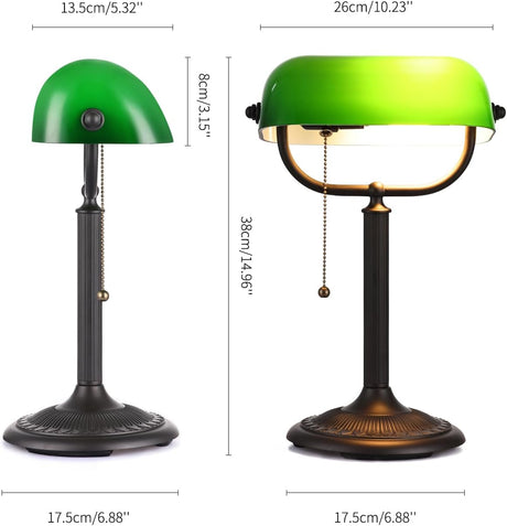 antique green glass bankers desk lamp showcasing dimensions and design features.