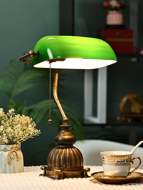 Newrays retro green glass desk lamp with LED bulb, elegant design enhances any workspace.