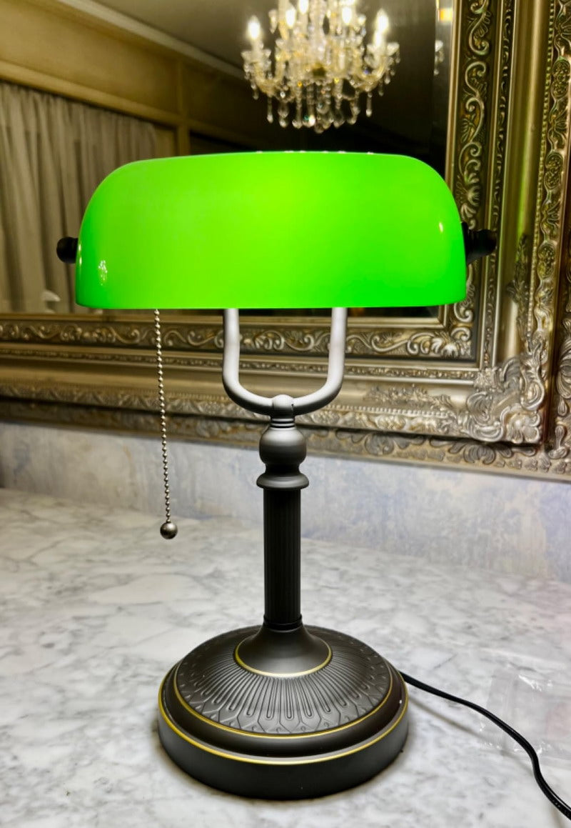 Antique Green Glass Banker Desk Lamp with Pull Chain Switch Plug in