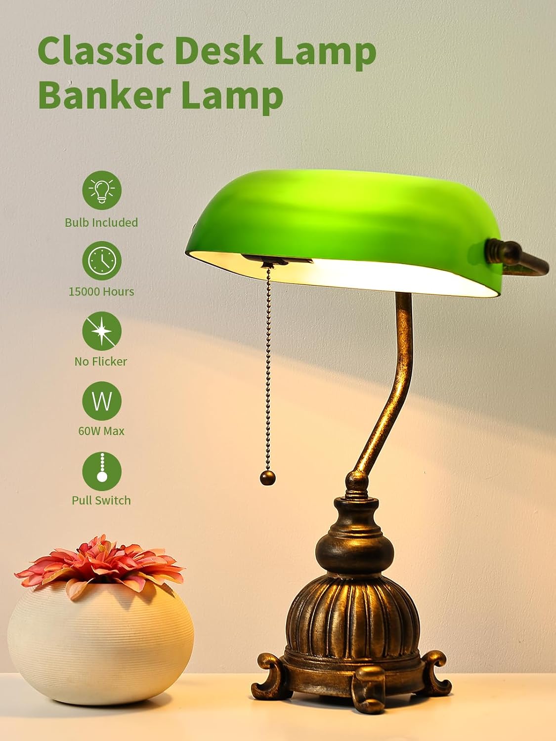 Newrays retro green glass desk lamp featuring a classic design with LED bulb included.