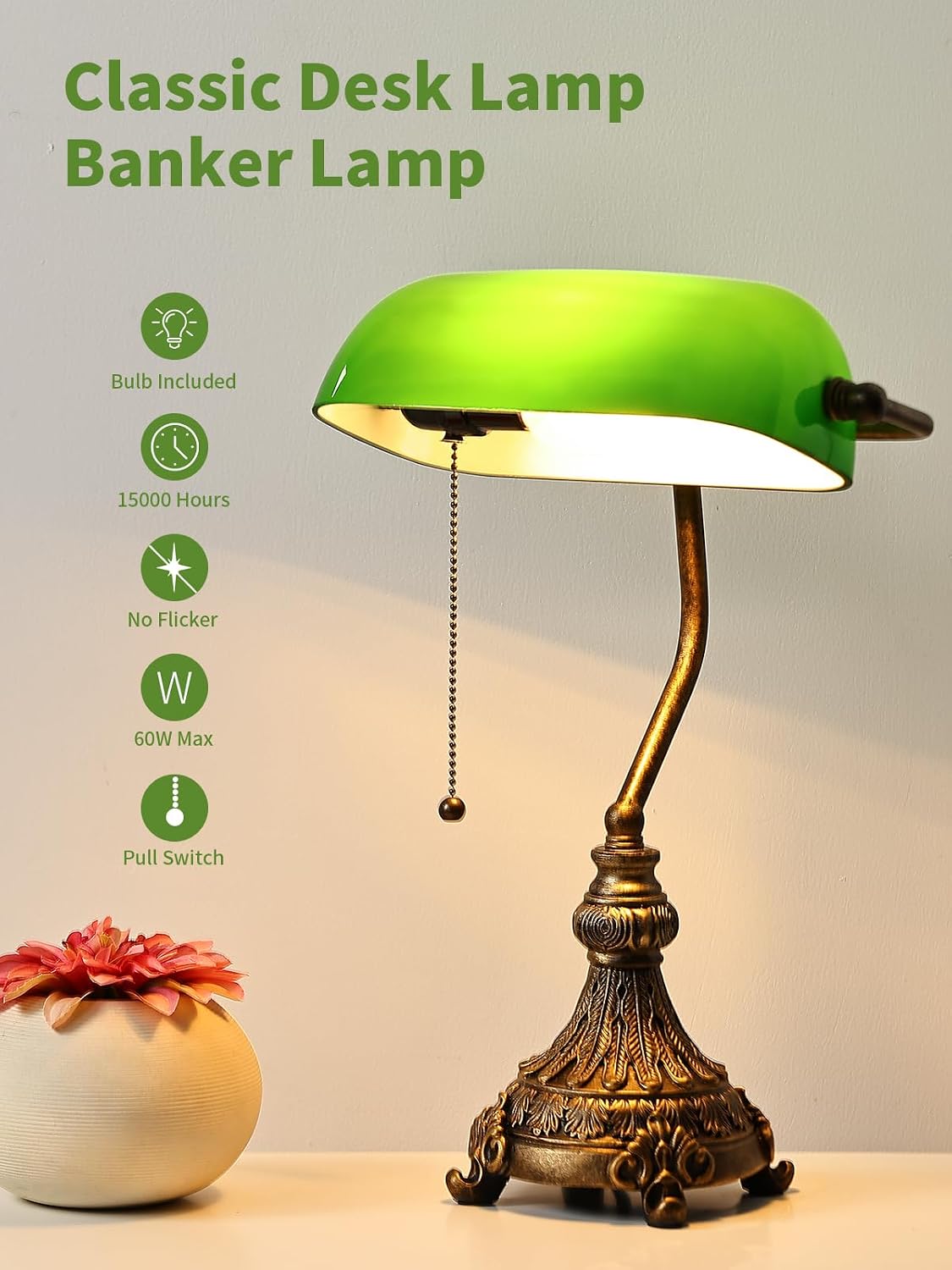 Vintage green glass bankers desk lamp with classic design, pull switch, and LED bulb included.