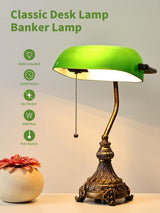 Vintage green glass bankers desk lamp with classic design, pull switch, and LED bulb included.
