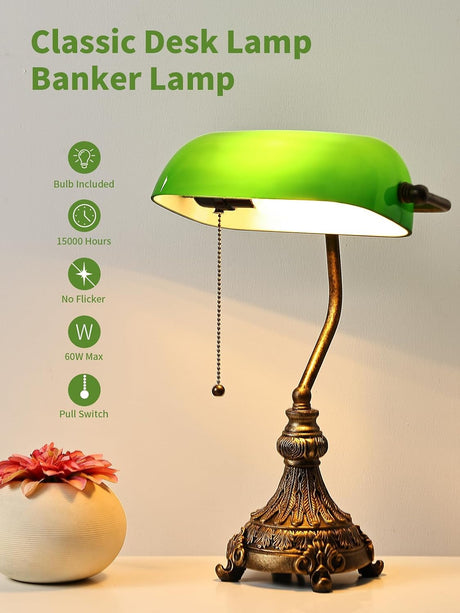 Vintage green glass bankers desk lamp with classic design, pull switch, and LED bulb included.