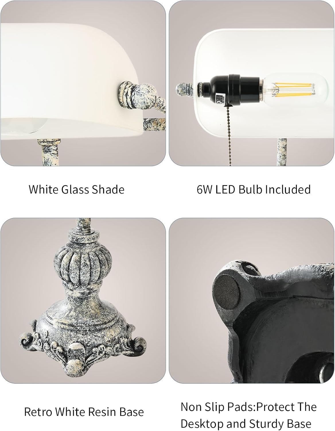 Close-up images of Newrays Retro White Matted Glass Bankers Desk Lamp, highlighting white glass shade, LED bulb, and retro resin base.
