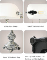 Close-up images of Newrays Retro White Matted Glass Bankers Desk Lamp, highlighting white glass shade, LED bulb, and retro resin base.