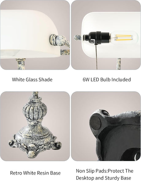 Close-up images of Newrays Retro White Matted Glass Bankers Desk Lamp, highlighting white glass shade, LED bulb, and retro resin base.