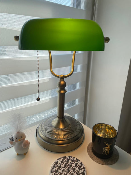 Green Glass Banker Lamp,USB Fast Charging Port