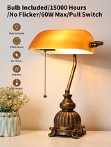 Retro amber glass desk lamp with pull switch and LED bulb included for stylish office decor.
