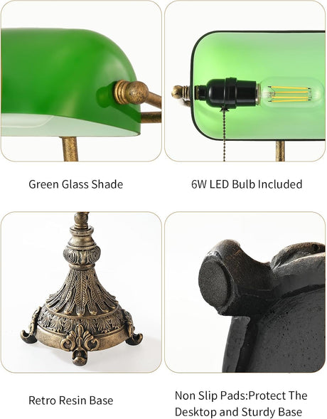 Newrays vintage green glass bankers desk lamp features a green glass shade, 6W LED bulb, retro resin base, and non-slip pads.