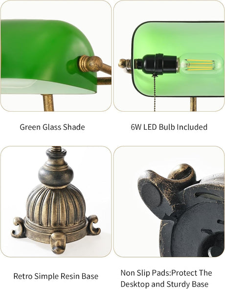 Detailed features of retro green glass desk lamp, highlighting green glass shade, LED bulb, resin base, and non-slip pads.