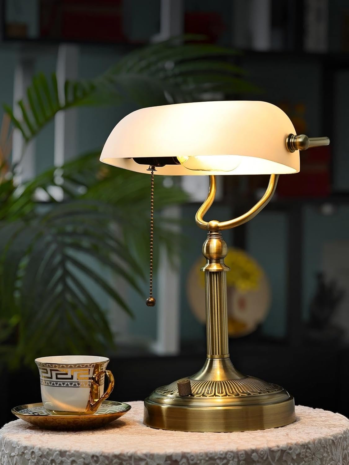 Newrays White Matted Glass Bankers Desk Lamp, Stepless Dimmable Table Lamp Plug in,6W LED Bulb Included
