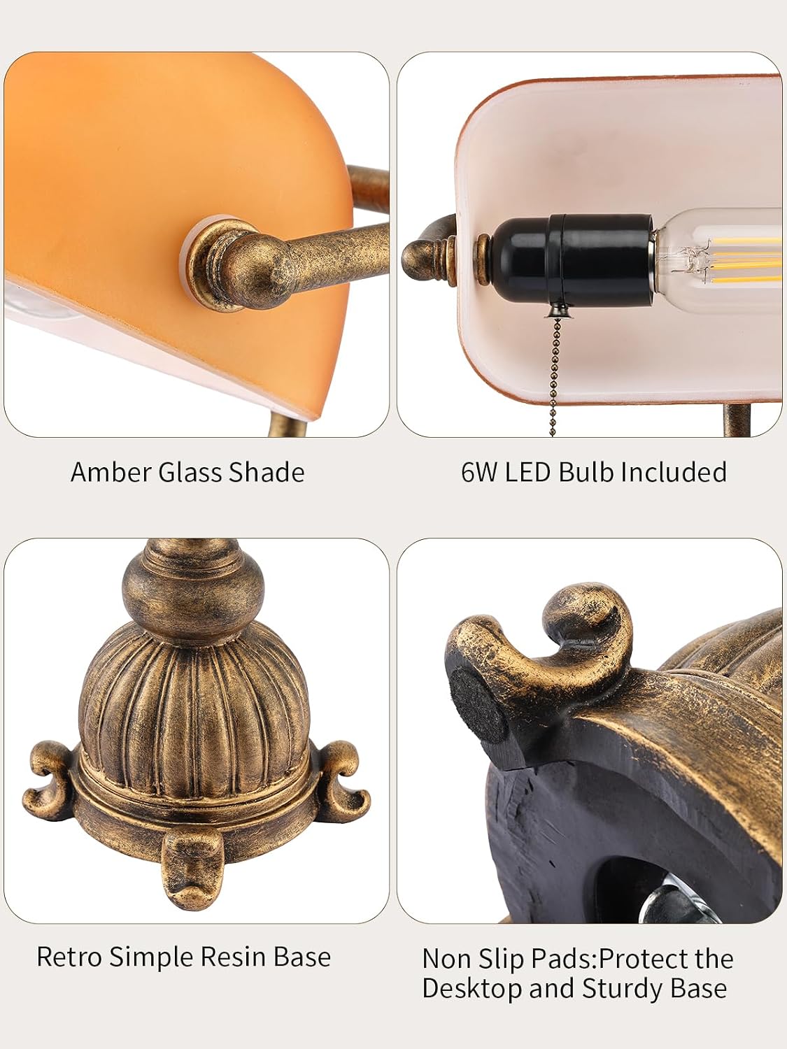 Newrays retro amber glass desk lamp showcasing amber glass shade and 6W LED bulb included.