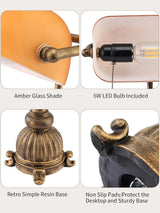 Newrays retro amber glass desk lamp showcasing amber glass shade and 6W LED bulb included.