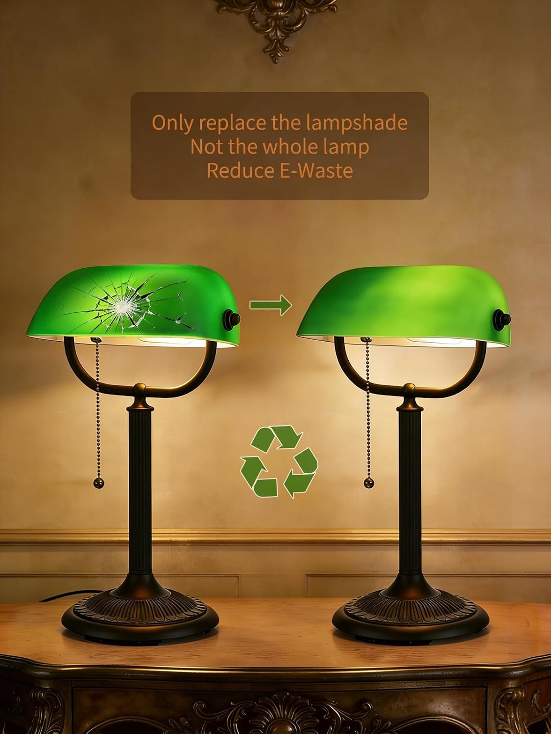 Newrays antique green glass bankers desk lamp demonstrating quick-change shade to reduce E-Waste.