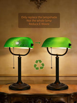 Newrays antique green glass bankers desk lamp demonstrating quick-change shade to reduce E-Waste.