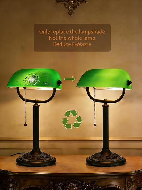 Newrays antique green glass bankers desk lamp demonstrating quick-change shade to reduce E-Waste.