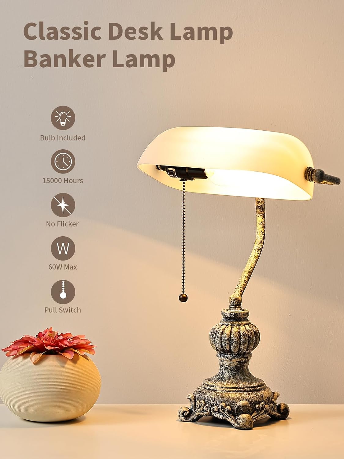Retro glass bankers desk lamp with pull switch and classic design, ideal for any workspace.