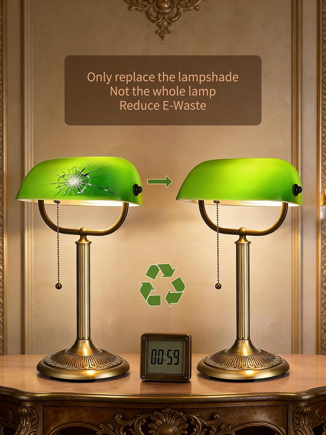 classic green glass bankers desk lamp showcasing quick-change shade and eco-friendly message.
