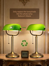 classic green glass bankers desk lamp showcasing quick-change shade and eco-friendly message.