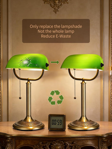 classic green glass bankers desk lamp showcasing quick-change shade and eco-friendly message.