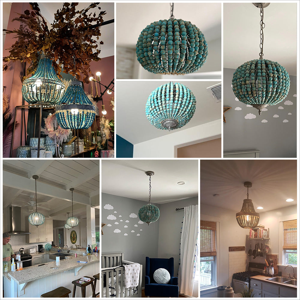 Wood Bead Chandelier Pendant antique Blue Finishing,Plug in