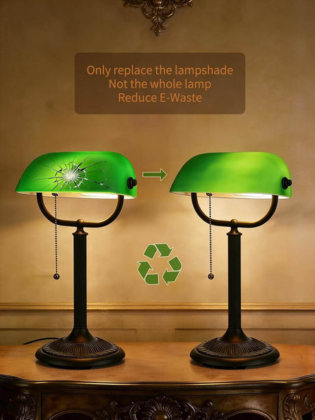 Newrays antique green glass bankers desk lamp demonstrating quick-change shade to reduce E-Waste.