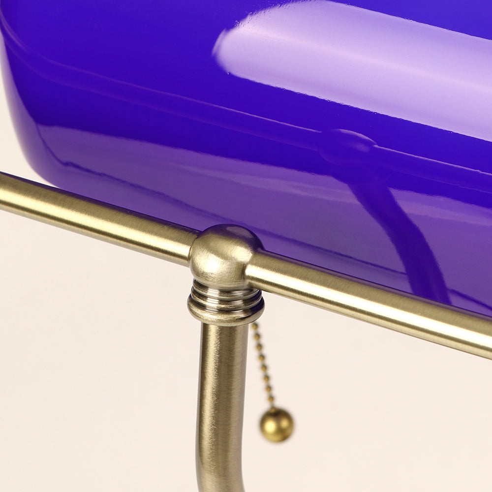 Blue Glass Bankers Lamp Shade Replacement Cover,L8.85" W5.11"/L22.5 W13cm, with brass details and purple hue.