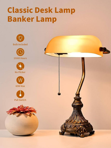 Newrays vintage amber glass desk lamp with pull switch and LED bulb included, classic banker style.