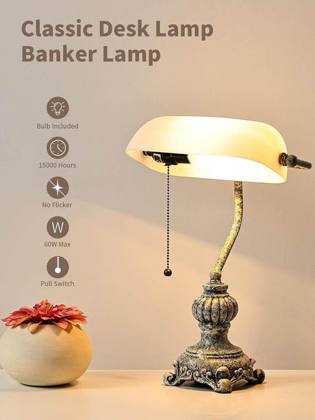 Retro glass bankers desk lamp with pull switch and classic design, ideal for any workspace.