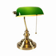Green Glass Banker Desk Lamp with Pull Chain Switch featuring a brass base and adjustable angle.