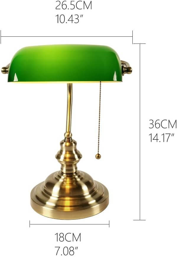 Green Glass Banker Desk Lamp with Pull Chain Switch dimensions and design details.