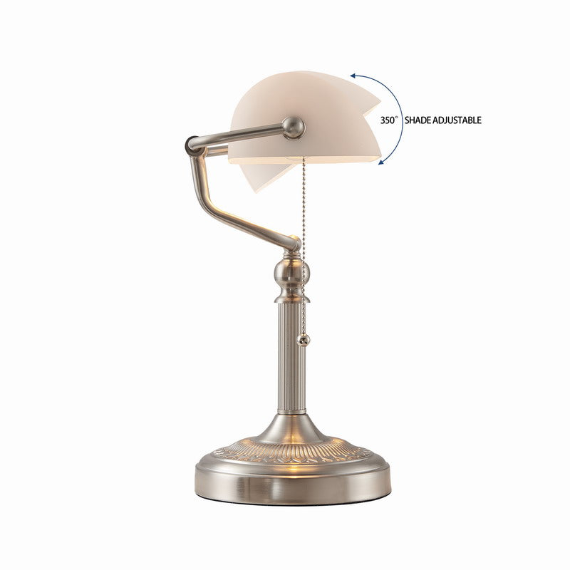 Matted White Glass Banker Lamp ,Sand Nickel Base with 350° adjustable shade