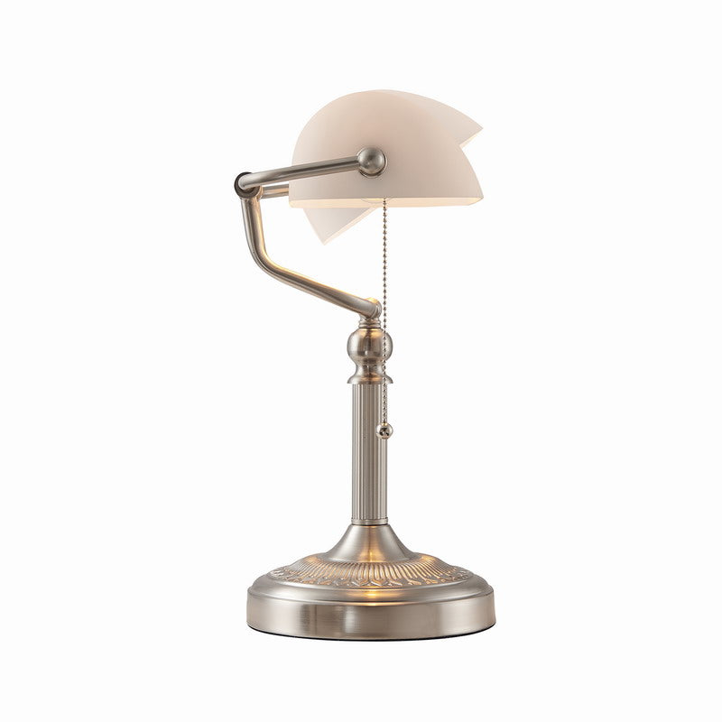 Matted White Glass Banker Lamp ,Sand Nickel Base on a stylish table, showcasing elegant design and quality craftsmanship.