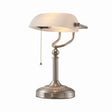 Matted White Glass Banker Lamp ,Sand Nickel Base with elegant design and adjustable arm for stylish lighting.