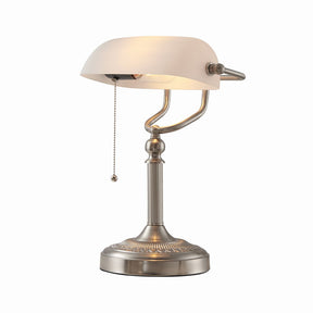 Matted White Glass Banker Lamp ,Sand Nickel Base with elegant design and adjustable arm for stylish lighting.