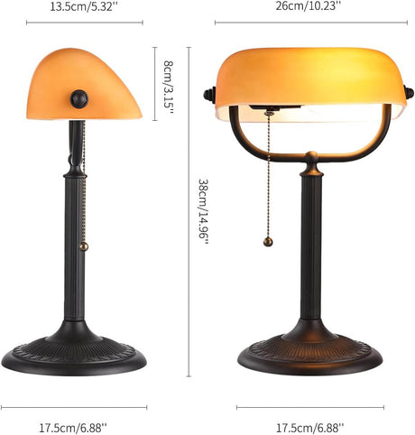 Newrays quick-change shade bankers desk lamp with an amber glass shade and adjustable height options.