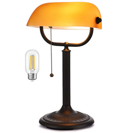 Newrays 1-Minute Quick-Change Shade Amber Glass Bankers Desk Lamp with pull chain and Edison bulb.